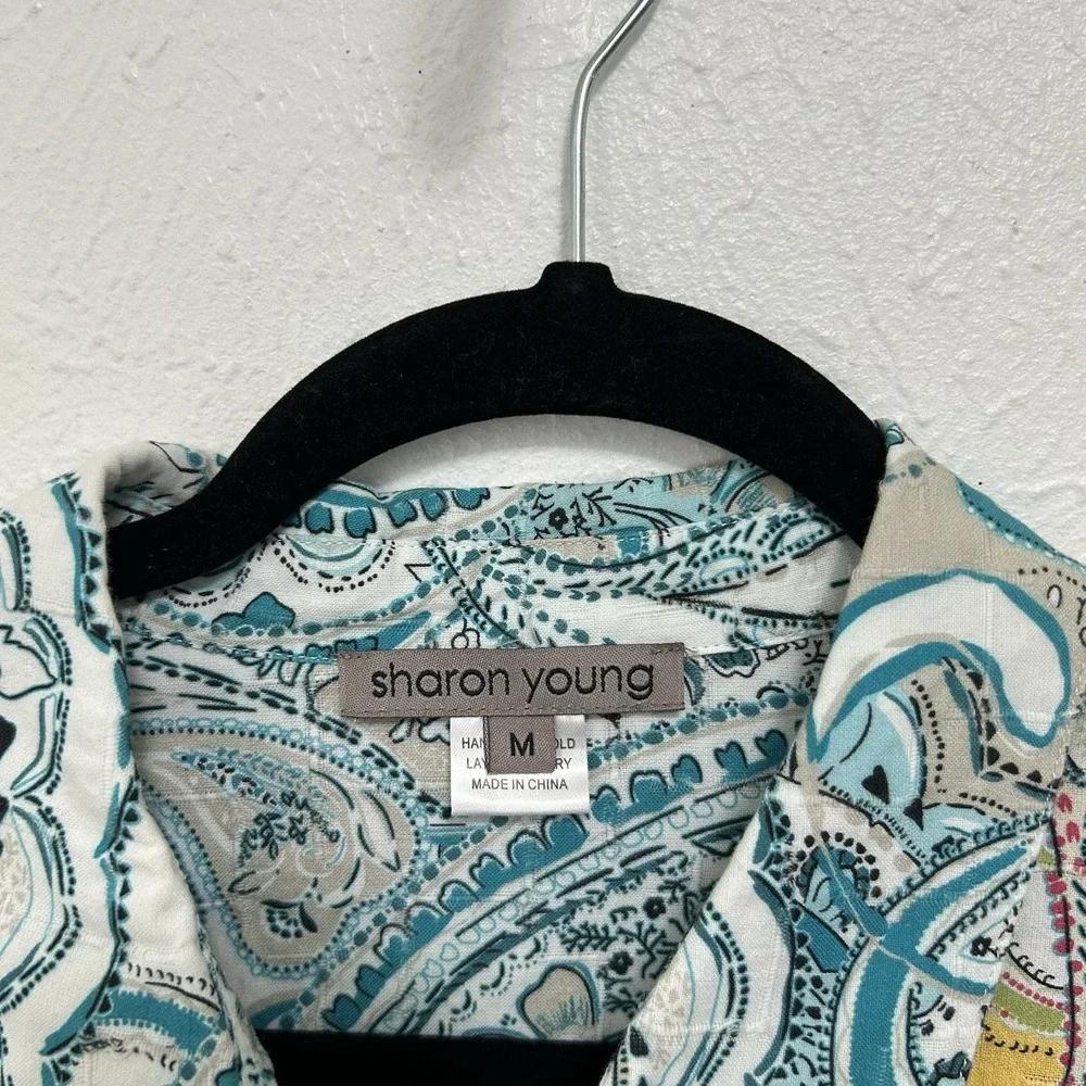 Sharon Young Top Sz M Blue‎ Colorful Artsy Abstract Floral Long Sleeve Button Up - Picture 9 of 12